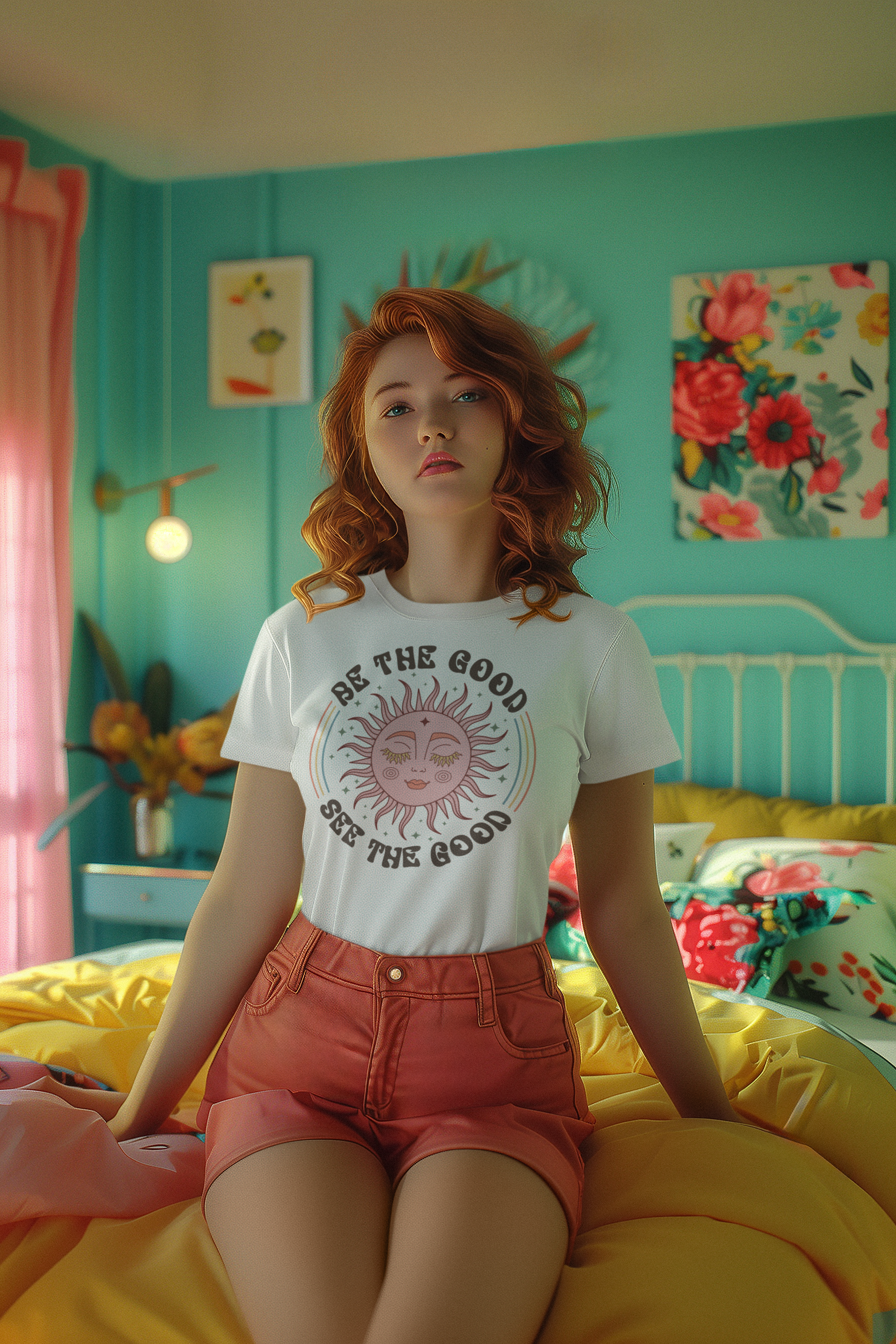 round-neck-t-shirt-mockup-of-an-ai-generated-woman-posing-in-a-kitsch-styled-room-m39872